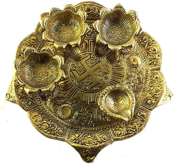 Metal Pooja Thali with Diya Gold Plated for Home and Office Temple and Pooja Room|Size : 23 x 4 x 23 cm| Diwali holi Puja| Housewarming|Gift