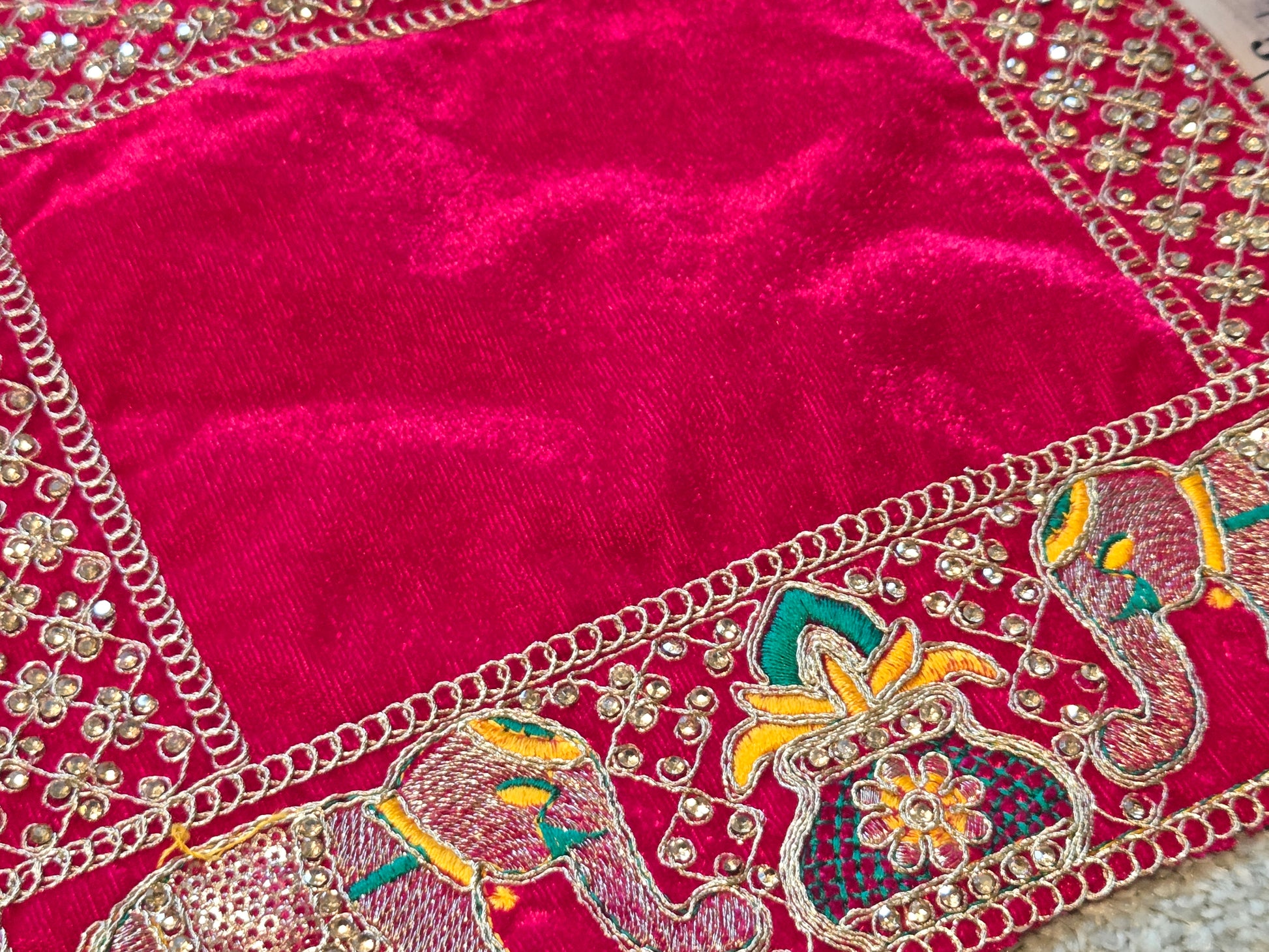 Elephant Kalash Embroidered Pink Velvet Pooja Cloth