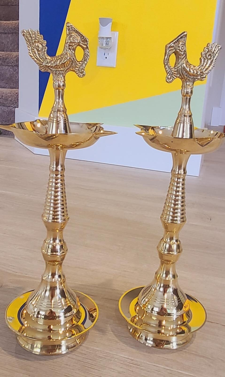 Decorative Kerala Fancy Samai Oil Diya with Peacock on top Pack of 2| Samai diya for Indian Pooja Table|Brass Decorative Oil Lamp for Temple