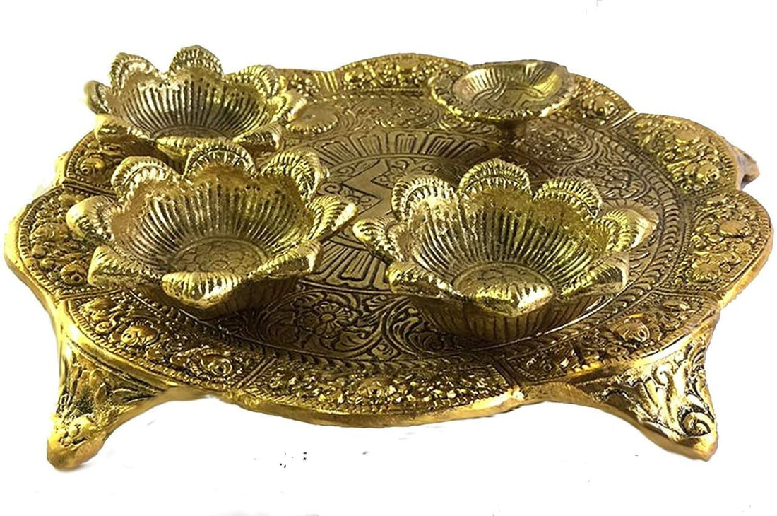 Metal Pooja Thali with Diya Gold Plated for Home and Office Temple and Pooja Room|Size : 23 x 4 x 23 cm| Diwali holi Puja| Housewarming|Gift