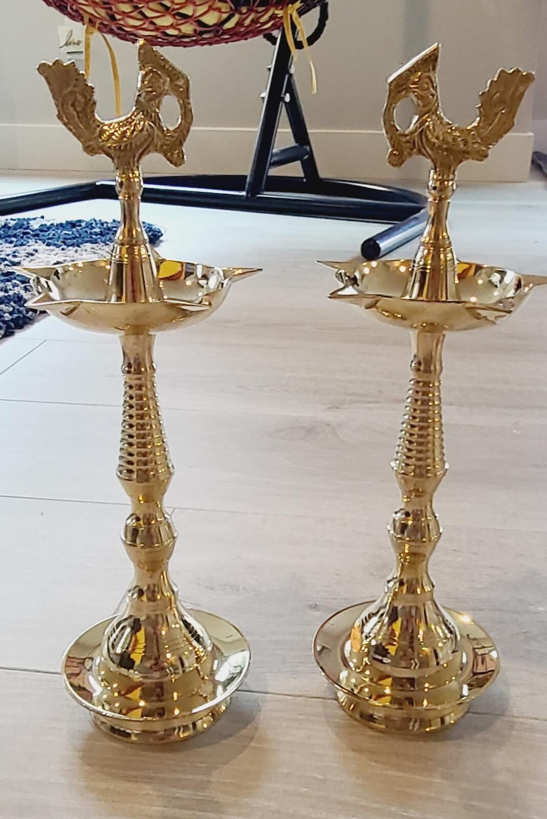 Decorative Kerala Fancy Samai Oil Diya with Peacock on top Pack of 2| Samai diya for Indian Pooja Table|Brass Decorative Oil Lamp for Temple