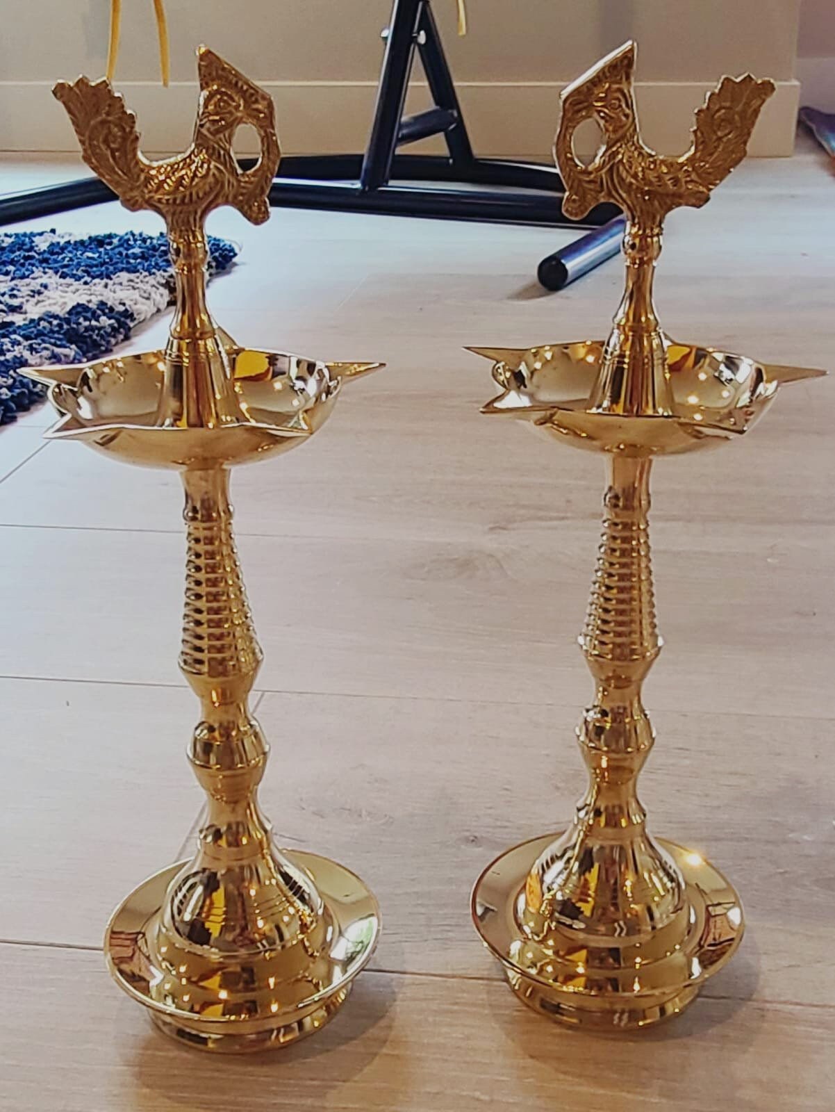 Decorative Kerala Fancy Samai Oil Diya with Peacock on top Pack of 2| Samai diya for Indian Pooja Table|Brass Decorative Oil Lamp for Temple