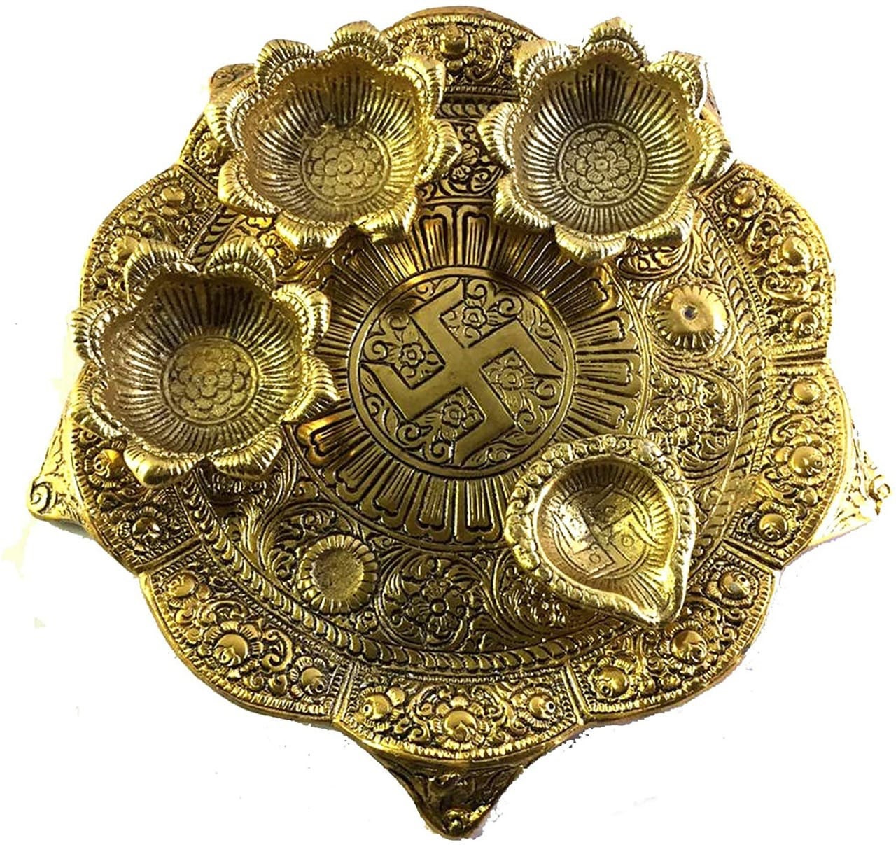 Metal Pooja Thali with Diya Gold Plated for Home and Office Temple and Pooja Room|Size : 23 x 4 x 23 cm| Diwali holi Puja| Housewarming|Gift