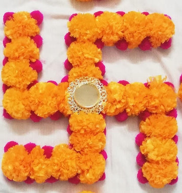 Handmade Festive Marigold Flower Swastik OM Rangoli|Home, Entryway Decor, Indian Diwali Decor|New Home Gift, Floral mat|