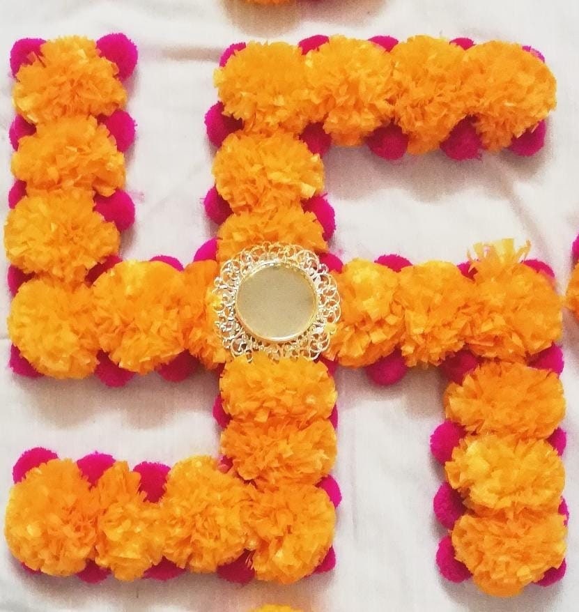 Handmade Festive Marigold Flower Swastik OM Rangoli|Home, Entryway Decor, Indian Diwali Decor|New Home Gift, Floral mat|