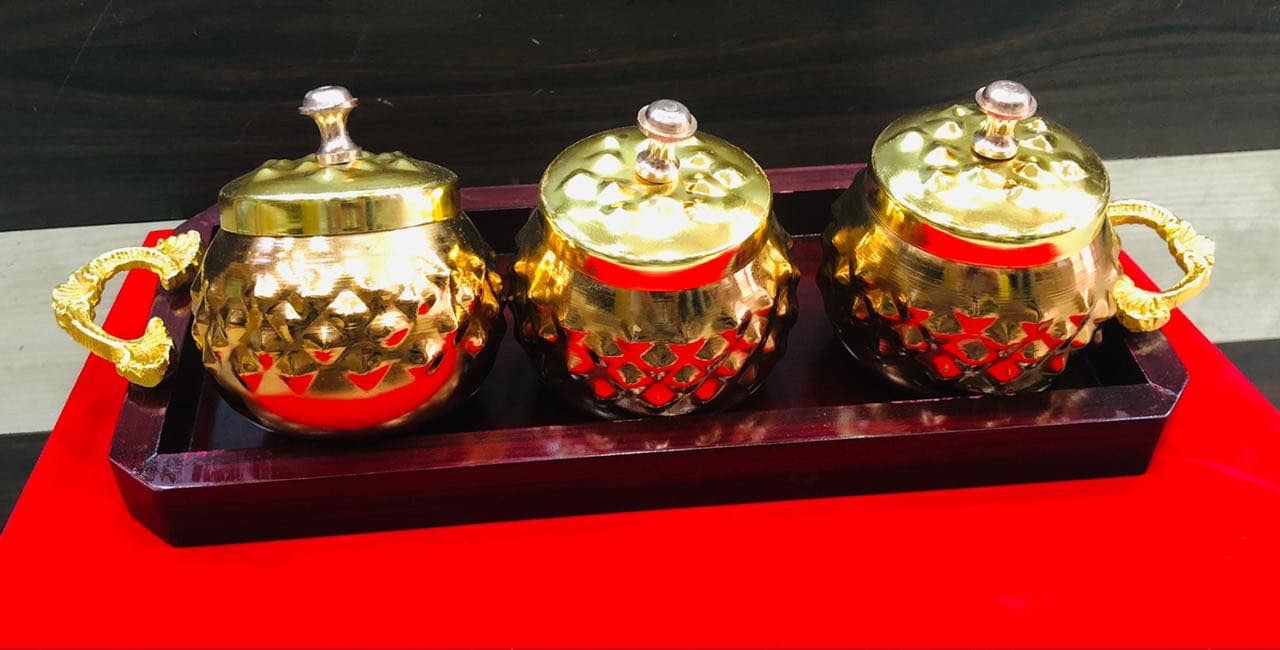 Decorative Hammered Jars with Tray|Dryfruit Box|Diwali Gift jar tray set|Royal Mughlai Style Copper Hammered Jars|Container for Décor, Gift