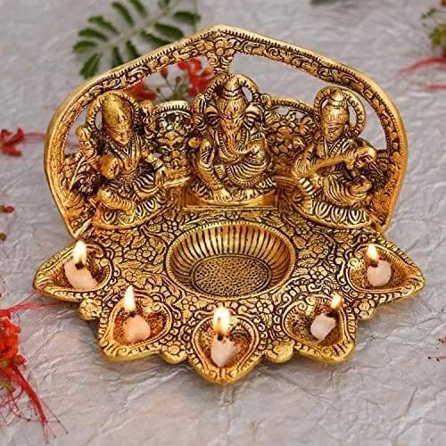 Lakshmi Ganesh Idol| Ganpati Idols| Lakshmi Idol| Lakshmi Idol in Lotus|Brass plated with Meenakari|Brass Finish Ganpati idol| Gifts|Indian|