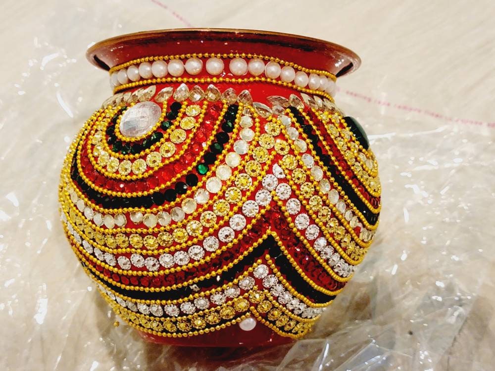 Kalash|Diwali|Rhinestone Decorated| Ganesh|Holy Water Pot|Red Green Kalash|Kalash for Pooja|Mangal kalash|Indian wedding gift|Housewarming