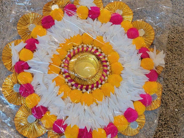 Designer Artificial Marigold Flower Tealight holder with Traditional Golden Work| Marigold Flower Mat with Tealight CandleHolder|Floral gift