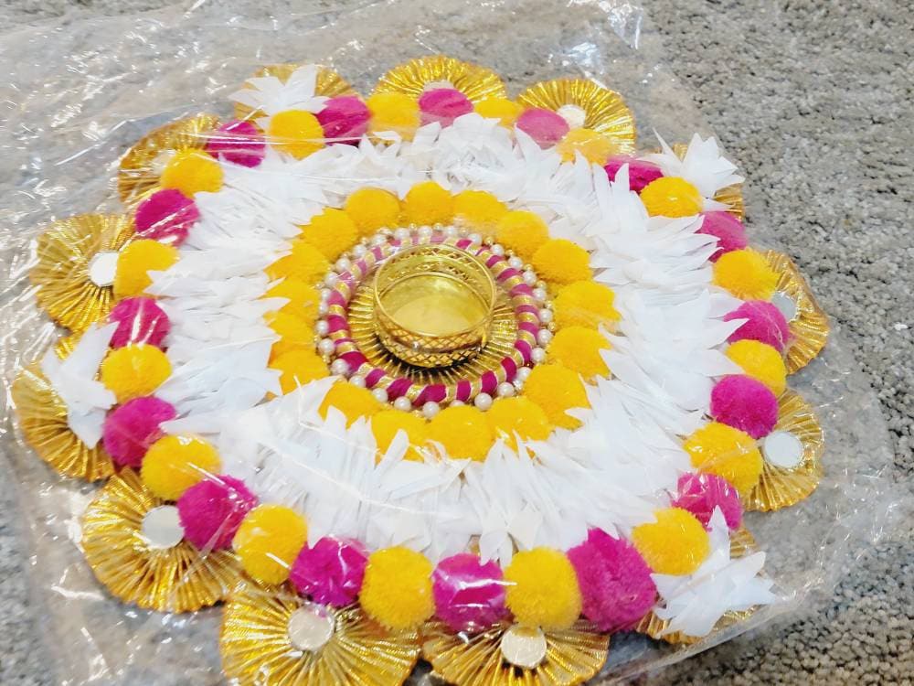 Designer Artificial Marigold Flower Tealight holder with Traditional Golden Work| Marigold Flower Mat with Tealight CandleHolder|Floral gift