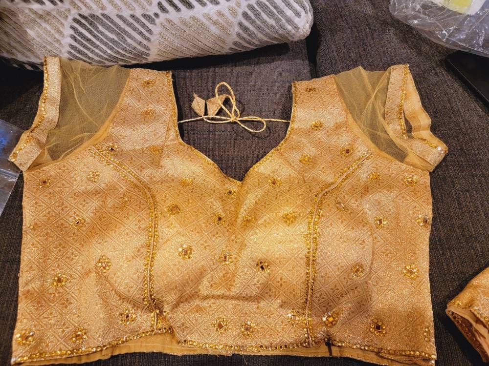 Beautiful Golden Designer Readymade Stitched Embroidered Saree Blouse| Art Silk Fabric| Craft Indian Sari Choli Tunic Top Women Wedding Wear