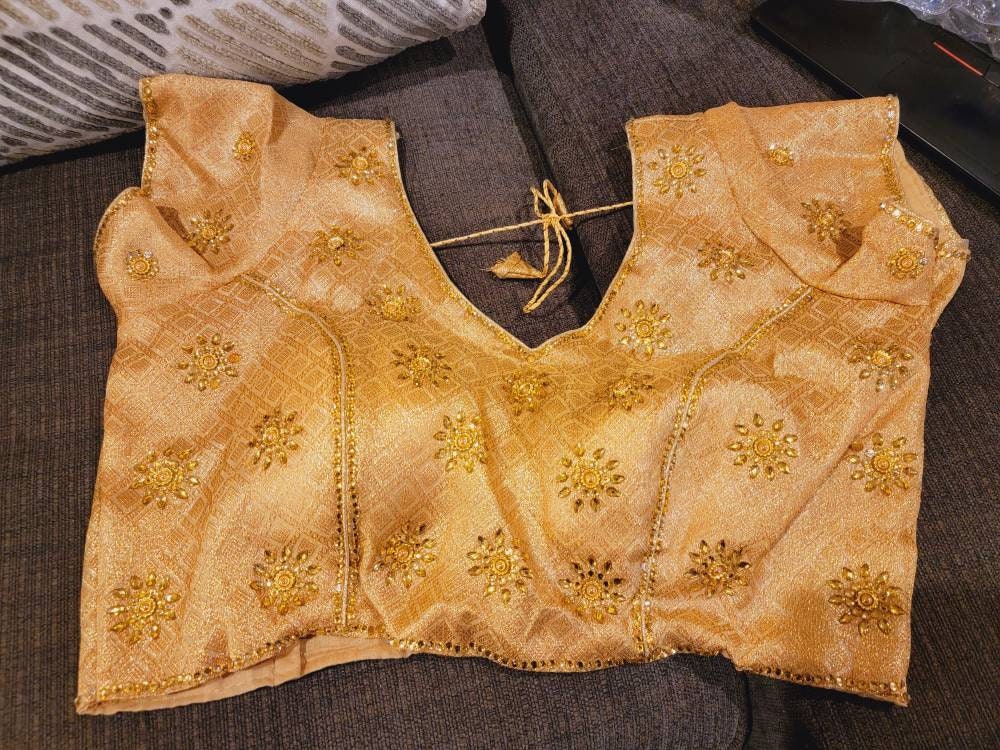 Beautiful Golden Designer Readymade Stitched Embroidered Saree Blouse| Art Silk Fabric| Craft Indian Sari Choli Tunic Top Women Wedding Wear