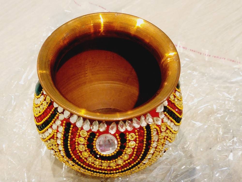 Kalash|Diwali|Rhinestone Decorated| Ganesh|Holy Water Pot|Red Green Kalash|Kalash for Pooja|Mangal kalash|Indian wedding gift|Housewarming