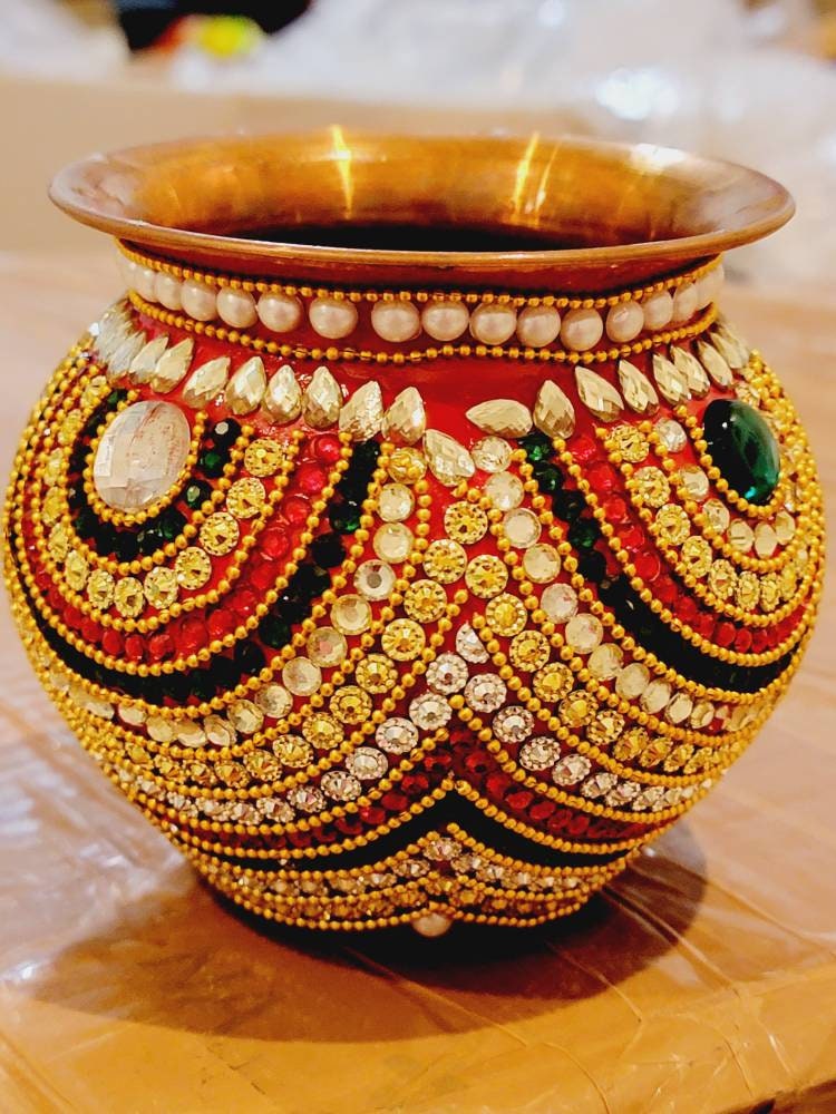 Kalash|Diwali|Rhinestone Decorated| Ganesh|Holy Water Pot|Red Green Kalash|Kalash for Pooja|Mangal kalash|Indian wedding gift|Housewarming