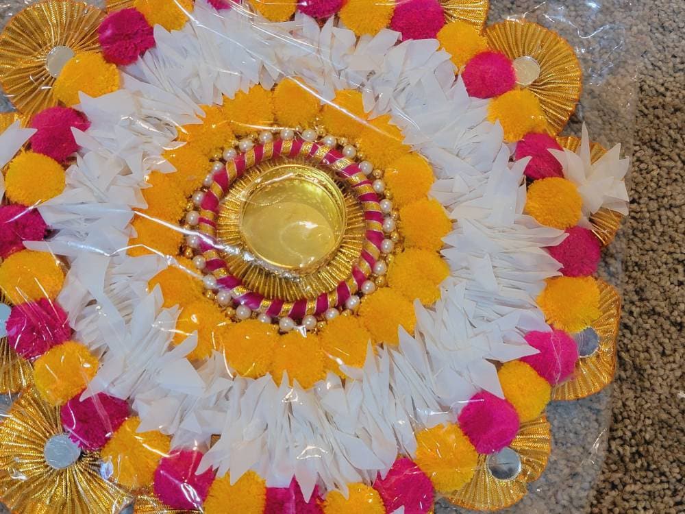 Designer Artificial Marigold Flower Tealight holder with Traditional Golden Work| Marigold Flower Mat with Tealight CandleHolder|Floral gift