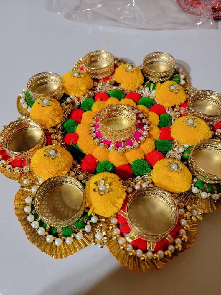 Large Swastik Design Marigold Pom Pom mat|Centrepiece|Diwali Decor|wedding decor|Rangoli|Puja Mandir|Bollywood decor|Hindu wedding