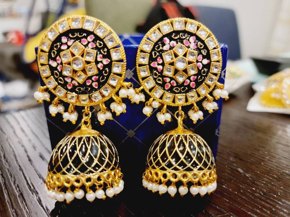 Bollywood Kundan Chaandbali Earrings/Indian Earrings/pearl Earring/Pakistani Earrings/Statement Earrings/Long chandelier/Indian wedding