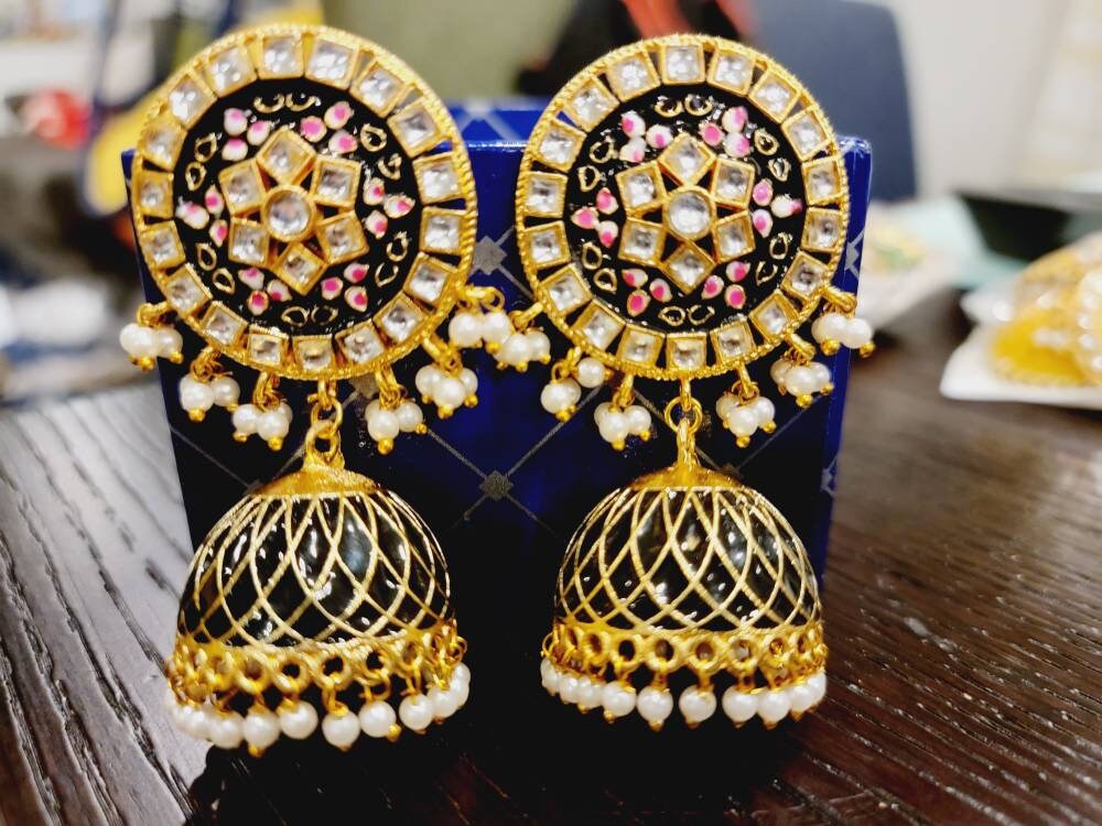 Bollywood Kundan Chaandbali Earrings/Indian Earrings/pearl Earring/Pakistani Earrings/Statement Earrings/Long chandelier/Indian wedding