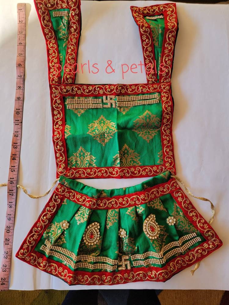 Mataji Dress| Clothes for deities| Janmashtmi | Radha poshak| Maataji Heavy dress| Gota patti work| One Size | Devi Dress| Green Poshak