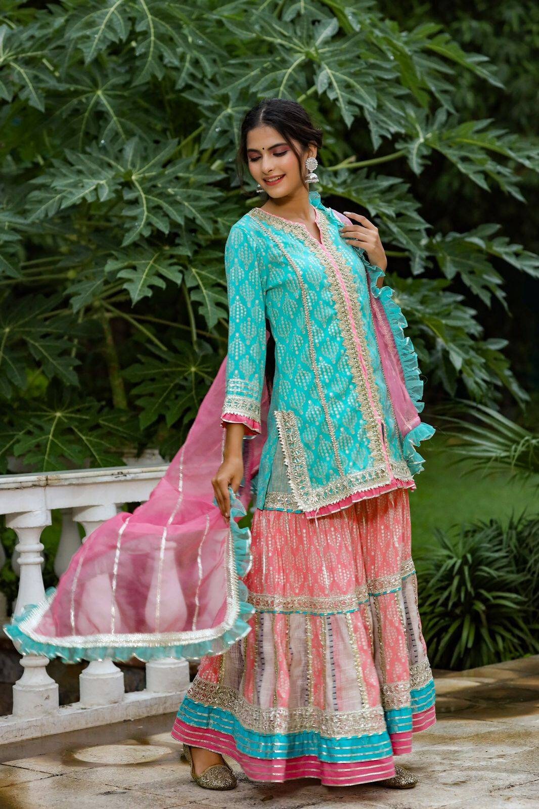 Women Sharara Top Dress| Ethnic wear for woman|Skirt Top| Traditional Dress for Women|Long Dupatta Gharara & top|Festive wear