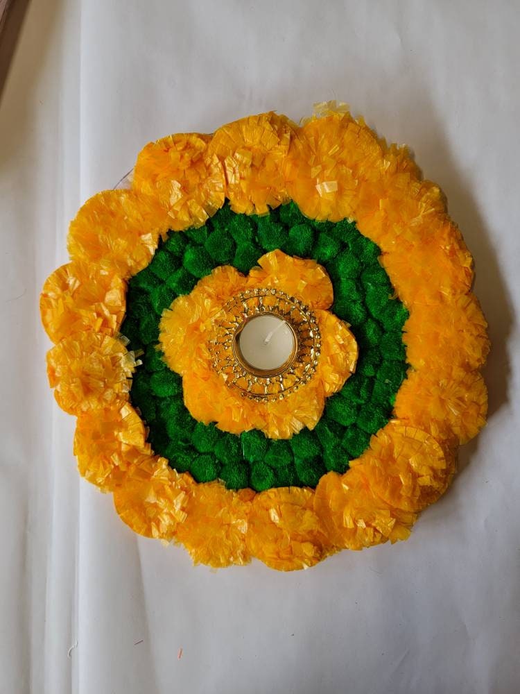 Artificial Floral Marigold Round Mat|Floral Wall| Marigold Rangoli on Canvas| Diwali Decoration|Pooja decor|Pompom mat with marigold flower