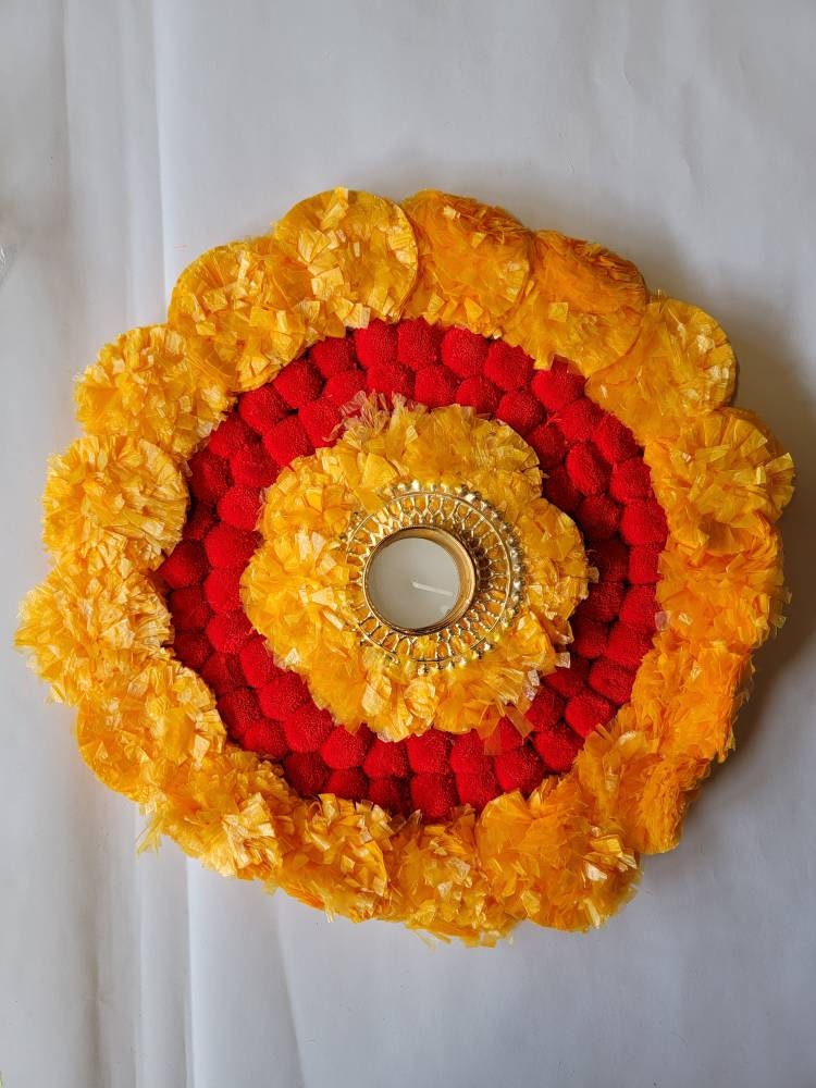 Artificial Floral Marigold Round Mat|Floral Wall| Marigold Rangoli on Canvas| Diwali Decoration|Pooja decor|Pompom mat with marigold flower
