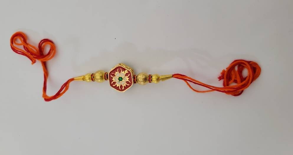 Beautiful rakhis with hanging charm, gold beads, iridescent blue acrylic beads |Indian rakhi| Lumba Rakshbandhan Rakhadi for brother