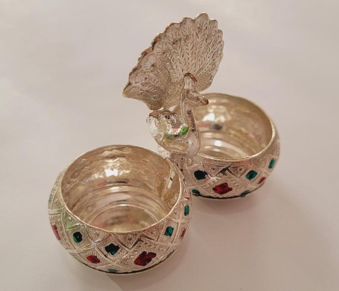 Metal Meenakari KumKum Holder|Decorated Metal Box for KumKum|German Silver KumKum Holder|