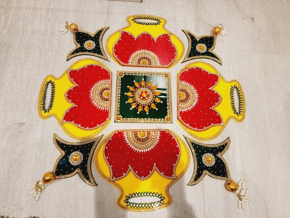 Handcrafted Diwali Rearrangable Kundan Rangoli| Reusable Acrylic Rangoli with Diya| Diwali Rearrangable Kundan Rangoli for Floor Decoration