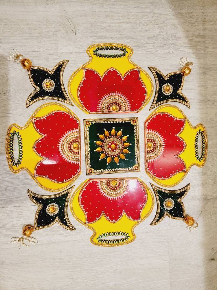 Handcrafted Diwali Rearrangable Kundan Rangoli| Reusable Acrylic Rangoli with Diya| Diwali Rearrangable Kundan Rangoli for Floor Decoration