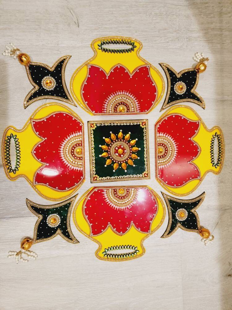 Handcrafted Diwali Rearrangable Kundan Rangoli| Reusable Acrylic Rangoli with Diya| Diwali Rearrangable Kundan Rangoli for Floor Decoration