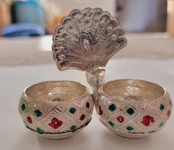 Metal Meenakari KumKum Holder|Decorated Metal Box for KumKum|German Silver KumKum Holder|