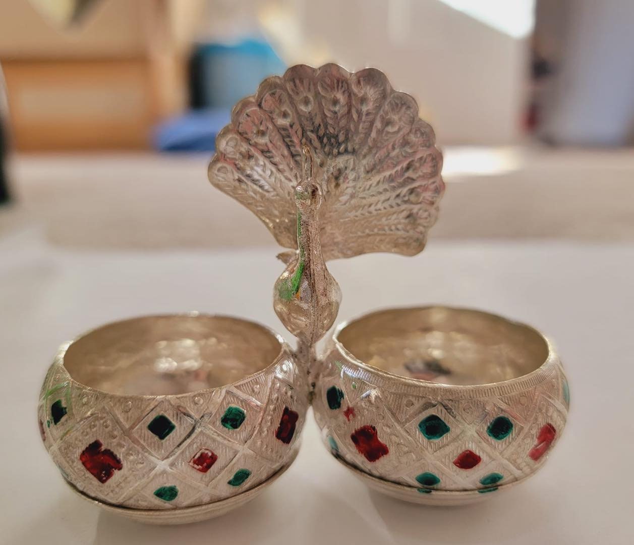 Metal Meenakari KumKum Holder|Decorated Metal Box for KumKum|German Silver KumKum Holder|