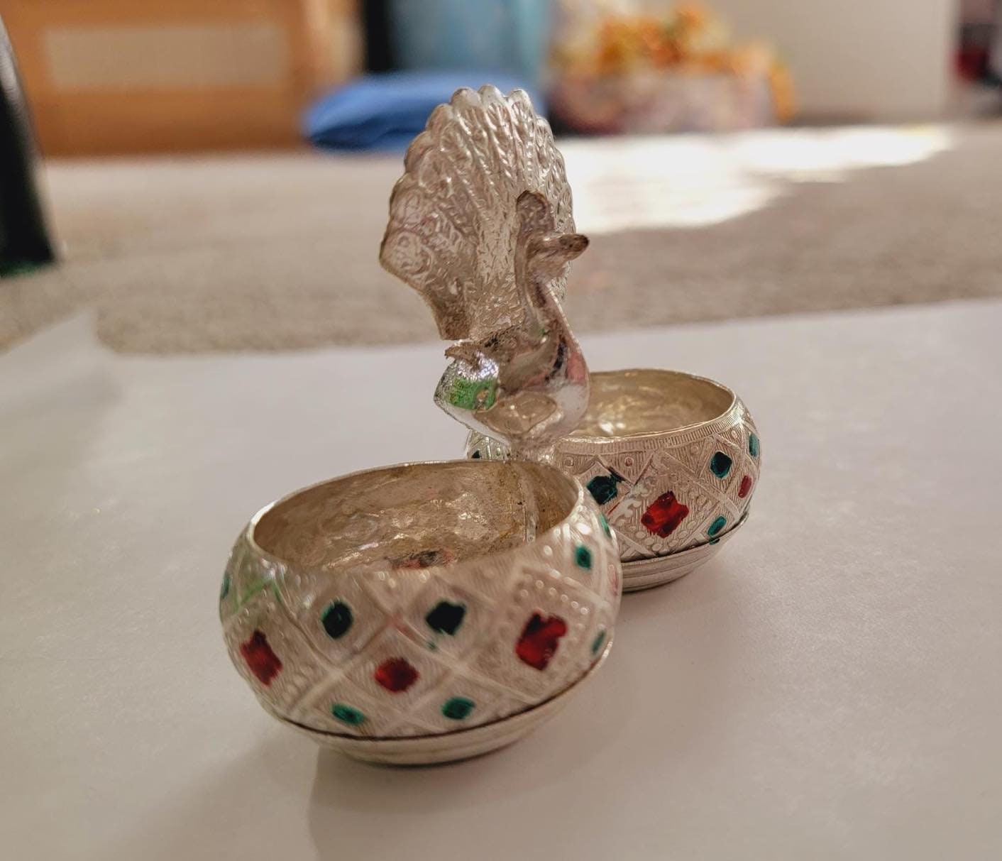 Metal Meenakari KumKum Holder|Decorated Metal Box for KumKum|German Silver KumKum Holder|
