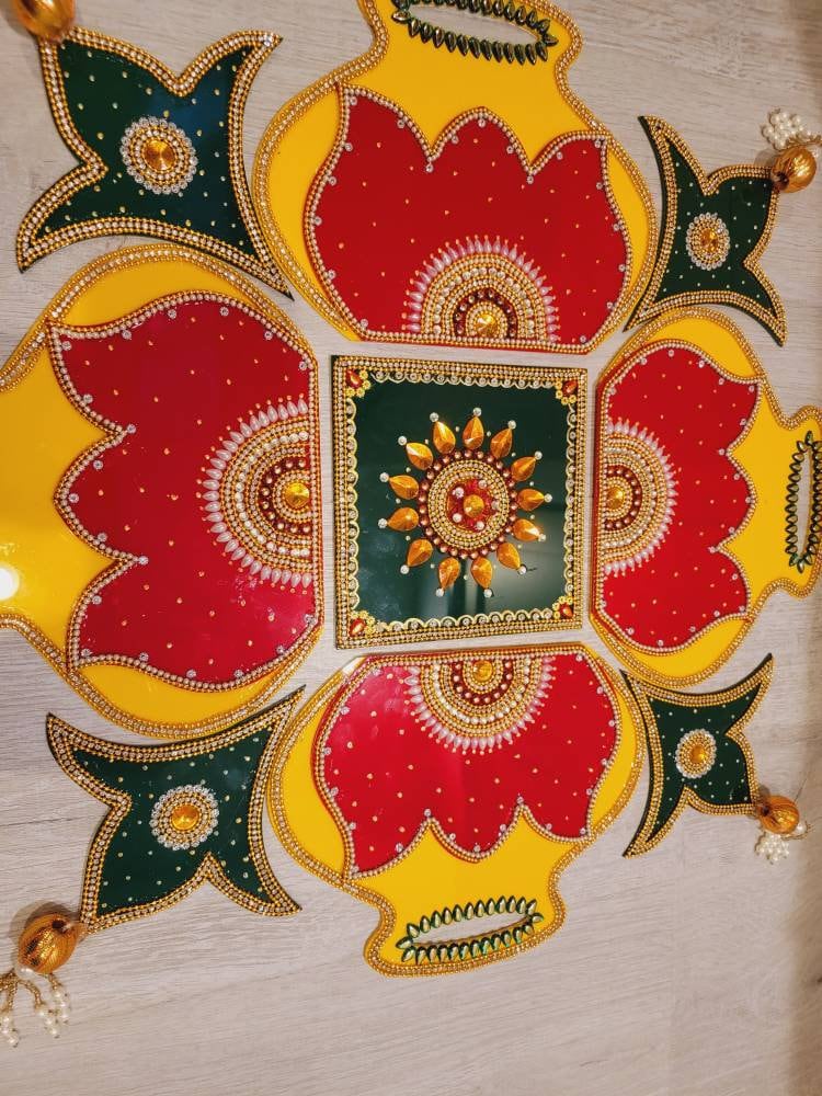 Handcrafted Diwali Rearrangable Kundan Rangoli| Reusable Acrylic Rangoli with Diya| Diwali Rearrangable Kundan Rangoli for Floor Decoration