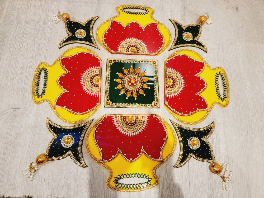 Handcrafted Diwali Rearrangable Kundan Rangoli| Reusable Acrylic Rangoli with Diya| Diwali Rearrangable Kundan Rangoli for Floor Decoration