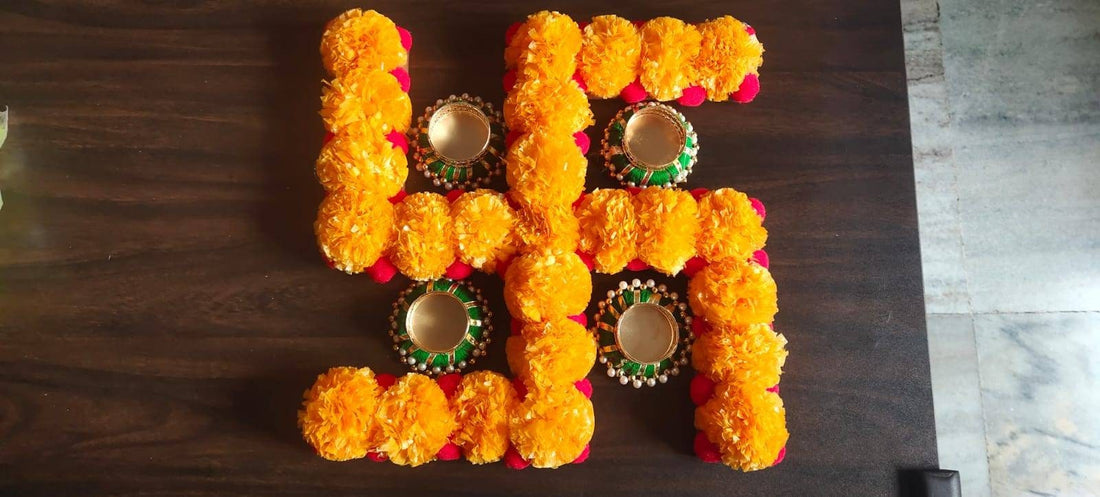 Handmade Festive Marigold Flower Swastik|Rangoli|Home, Entryway Decor, Indian Diwali Decor|New Home Gift, Floral mat|