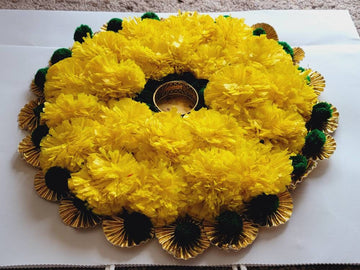 Artificial Floral Marigold Round Mat|Floral Wall| Marigold Rangoli on Canvas| Diwali Decoration|Pooja decor|Pompom mat with marigold flower