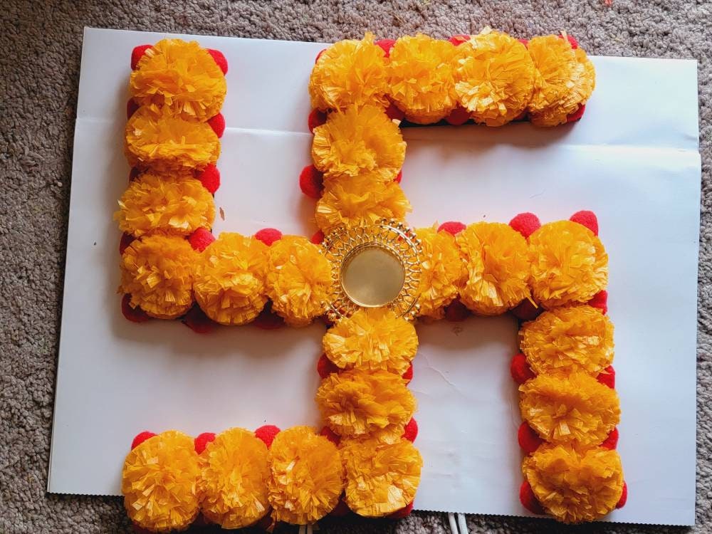 Handmade Festive Marigold Flower Swastik OM Rangoli|Home, Entryway Decor, Indian Diwali Decor|New Home Gift, Floral mat|