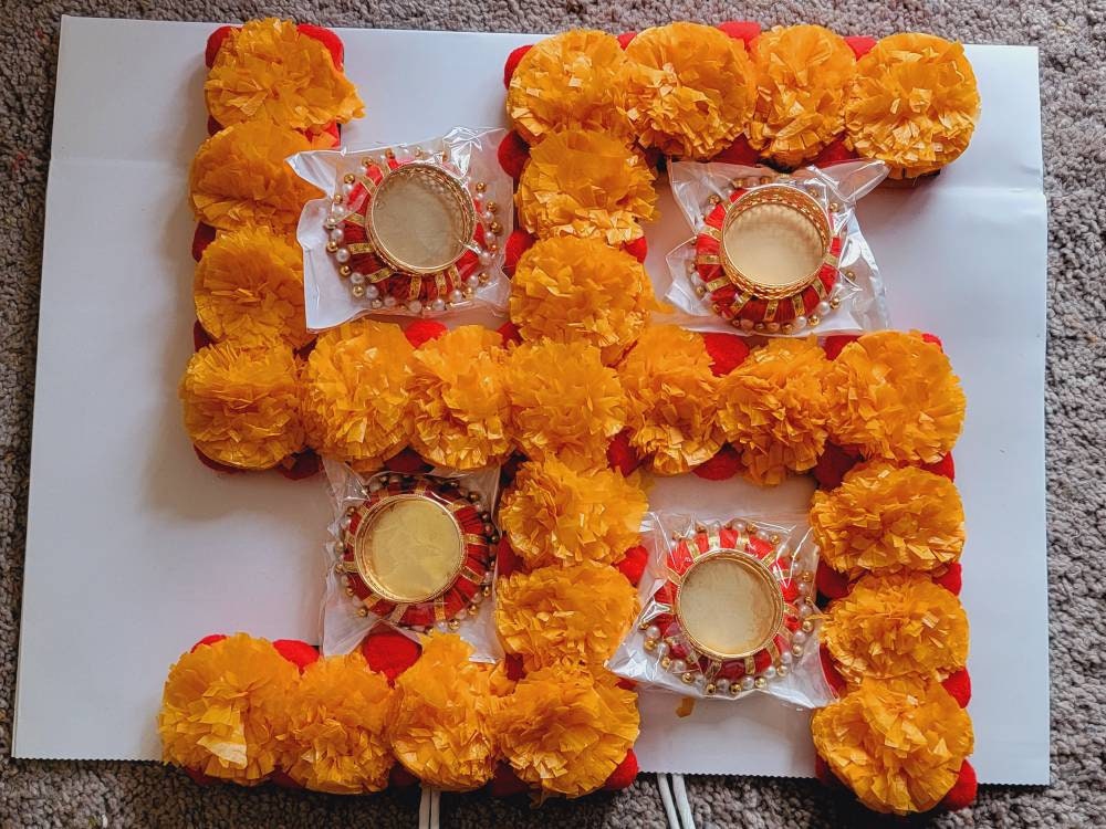 Handmade Festive Marigold Flower Swastik|Rangoli|Home, Entryway Decor, Indian Diwali Decor|New Home Gift, Floral mat|