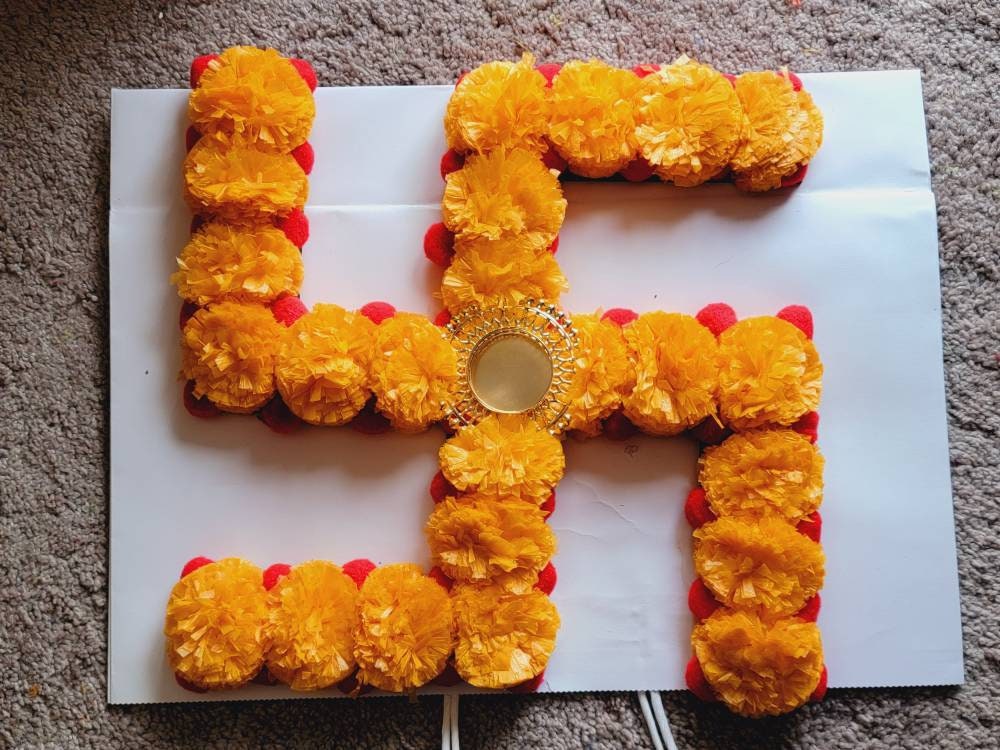 Handmade Festive Marigold Flower Swastik OM Rangoli|Home, Entryway Decor, Indian Diwali Decor|New Home Gift, Floral mat|