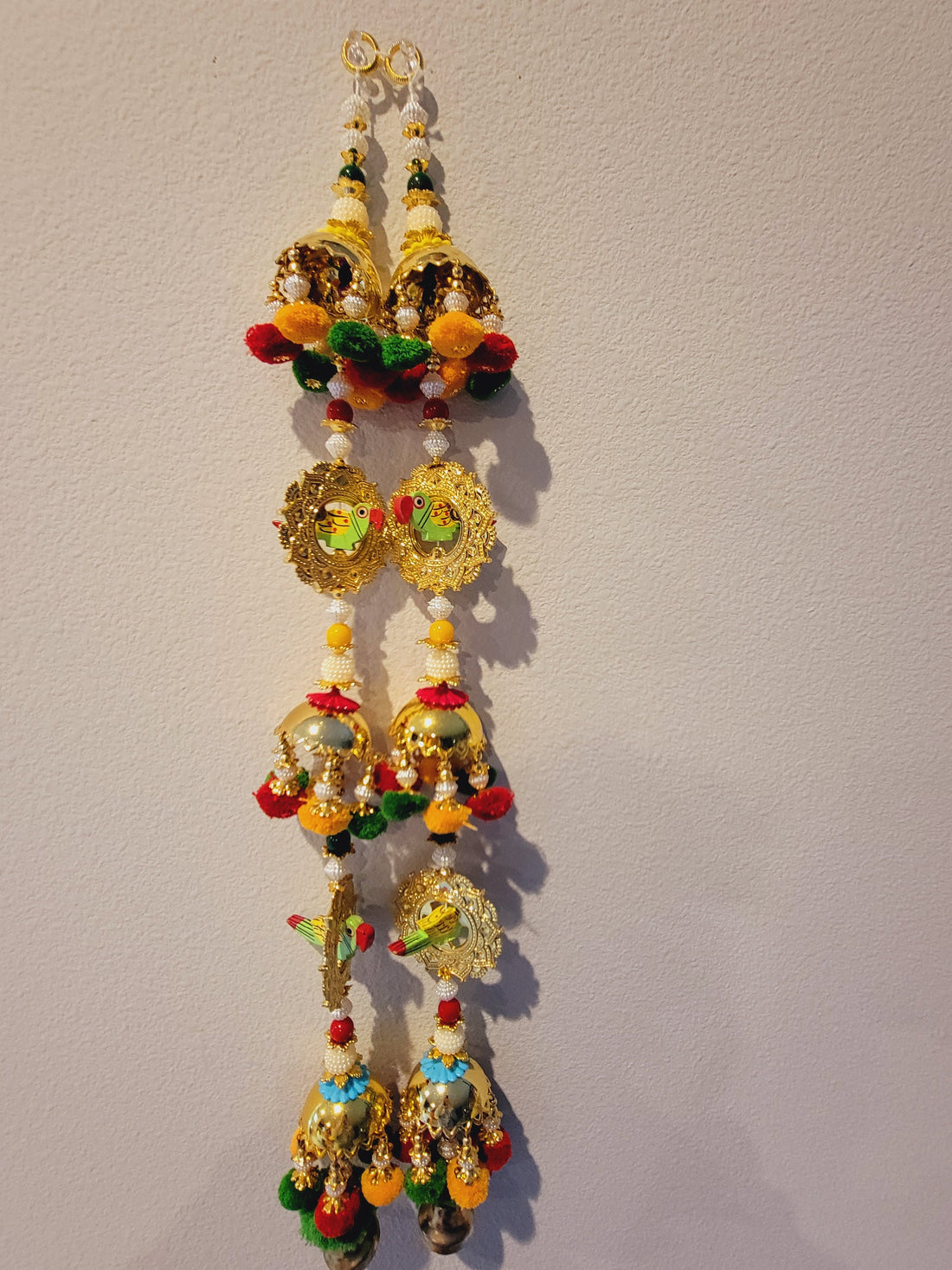 Wall hanging, door hanging. Multicolor hanging, Diwali, Wedding party decoration|  Pompom hanging, Parrot hanging, bangle bell handicraft