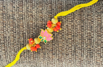 Beautiful rakhis with hanging charm, gold beads, pink and red lotus rakhi |Indian rakhi| Lumba Rakshbandhan Rakhadi for brother| Rakhdi