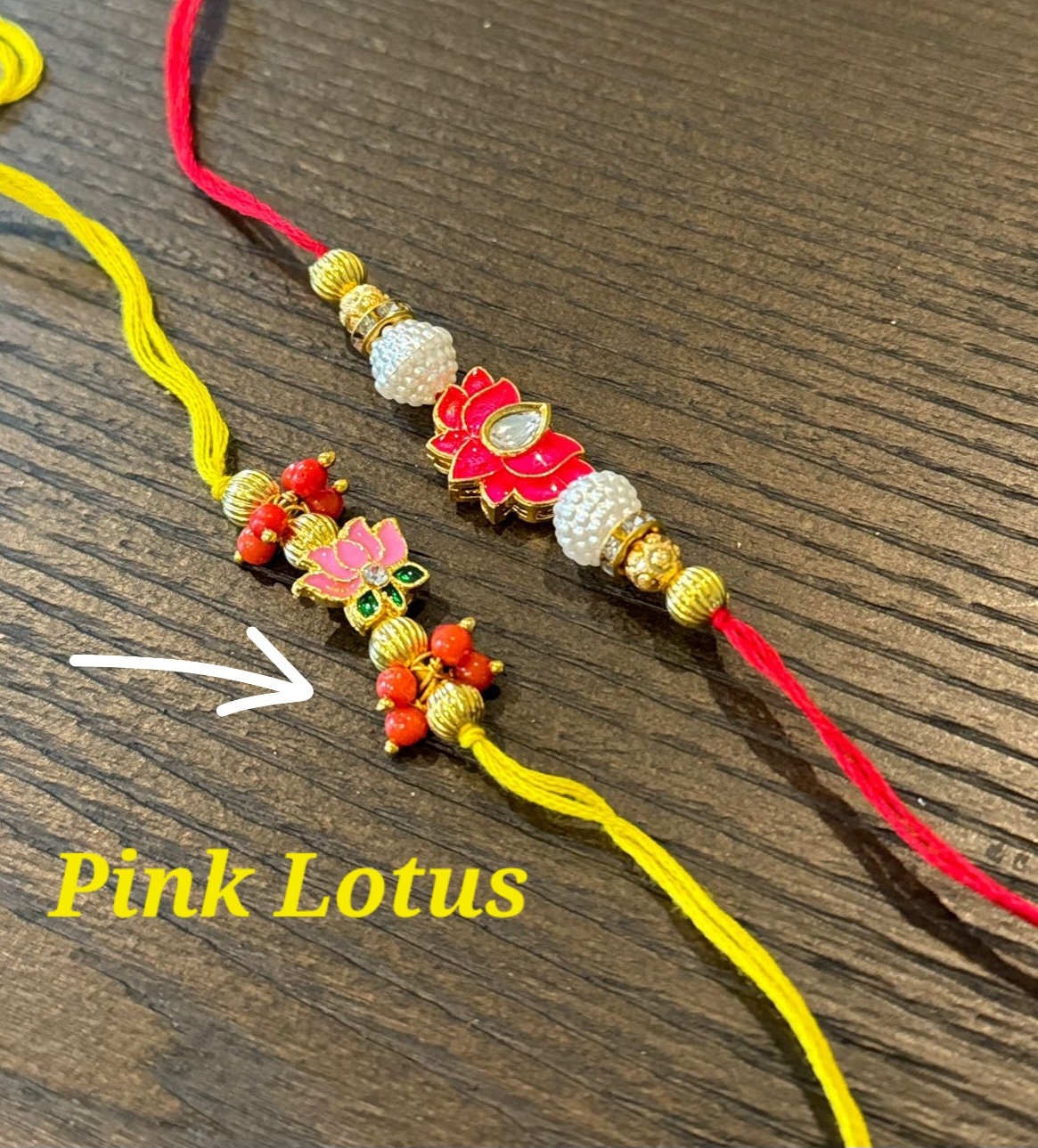 Beautiful rakhis with hanging charm, gold beads, pink and red lotus rakhi |Indian rakhi| Lumba Rakshbandhan Rakhadi for brother| Rakhdi