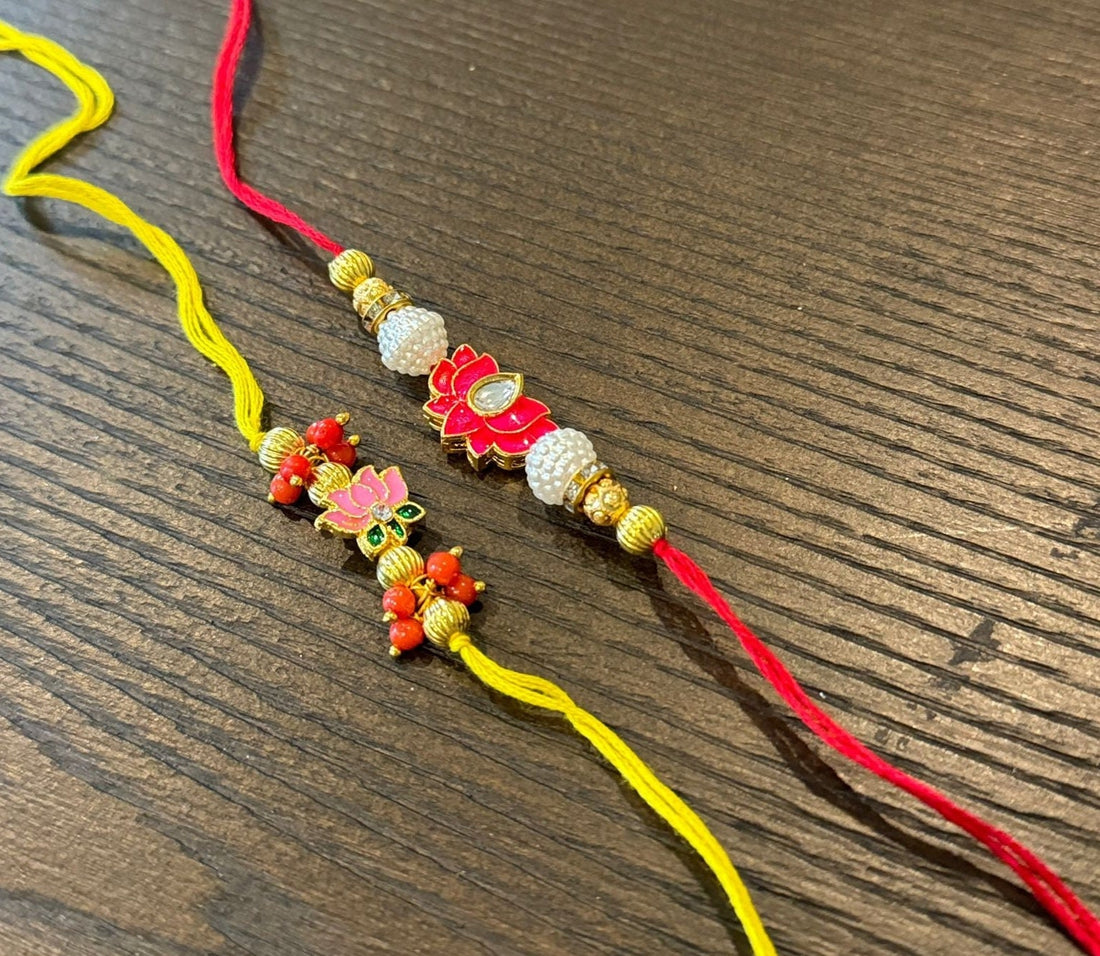 Beautiful rakhis with hanging charm, gold beads, pink and red lotus rakhi |Indian rakhi| Lumba Rakshbandhan Rakhadi for brother| Rakhdi