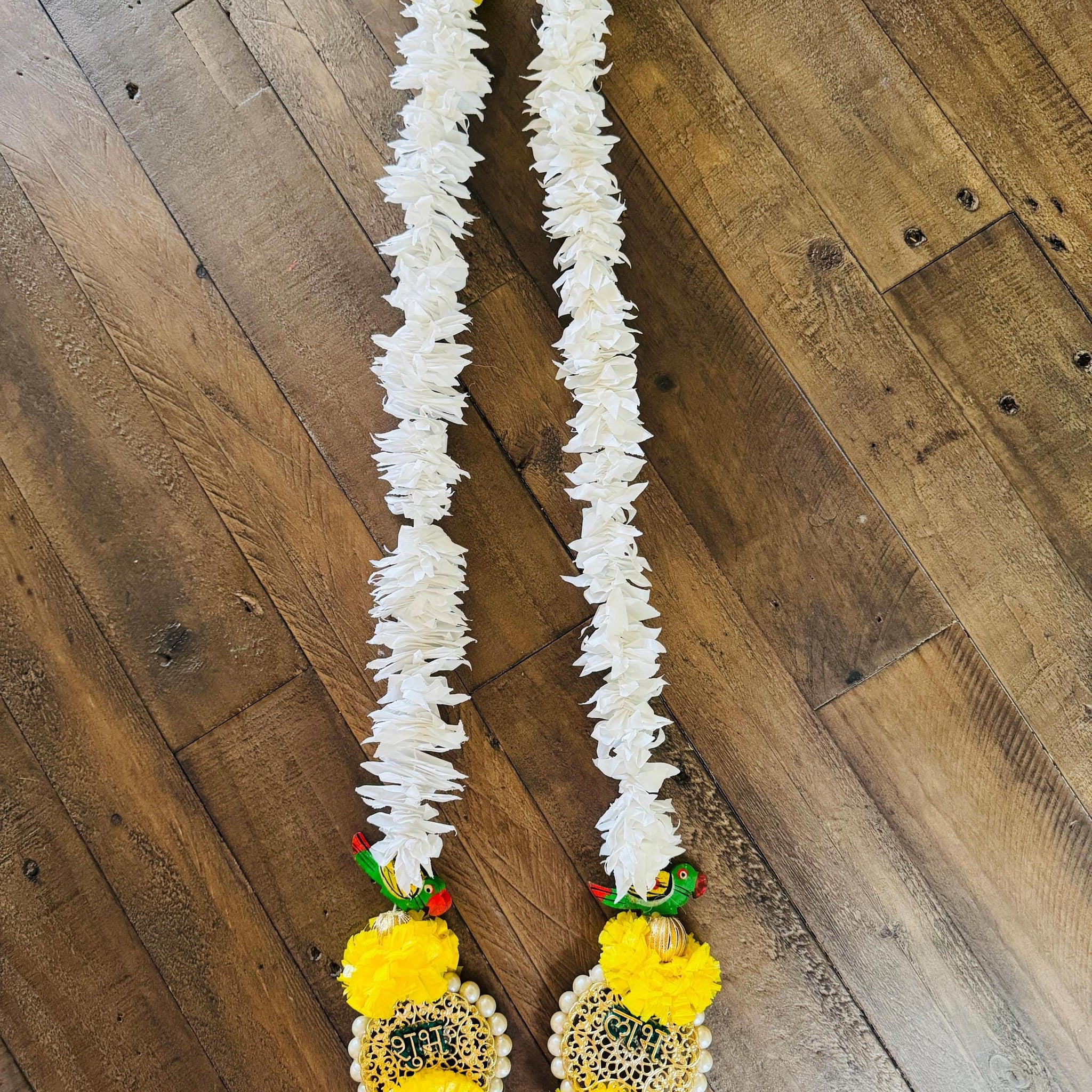 Jasmine Garland 2 piece with parrot, artificial flower 2.5feet| Garlands with shubh|Backdrop Decorations| Temple Decor|Shubh Labh hangings