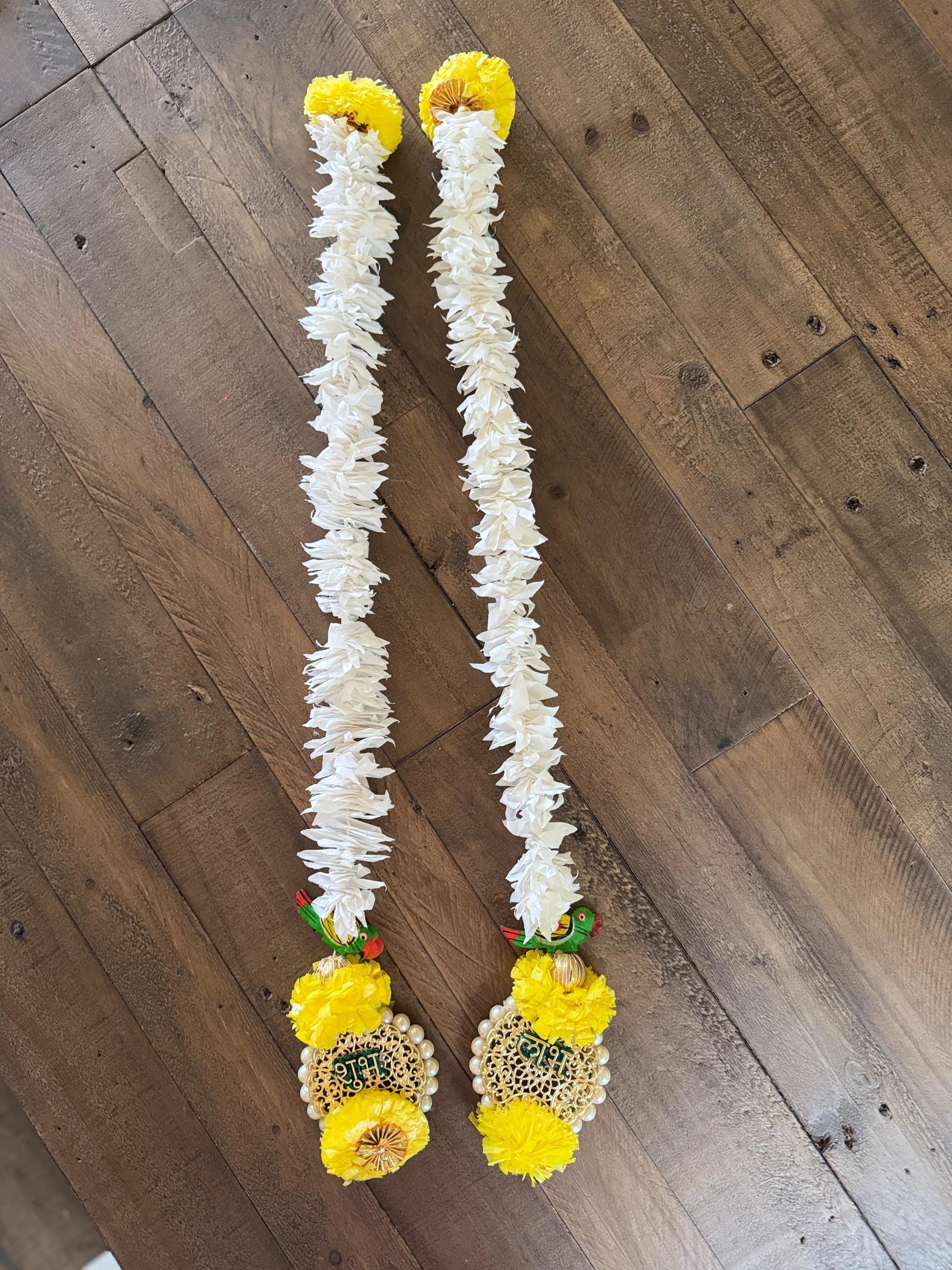 Jasmine Garland 2 piece with parrot, artificial flower 2.5feet| Garlands with shubh|Backdrop Decorations| Temple Decor|Shubh Labh hangings