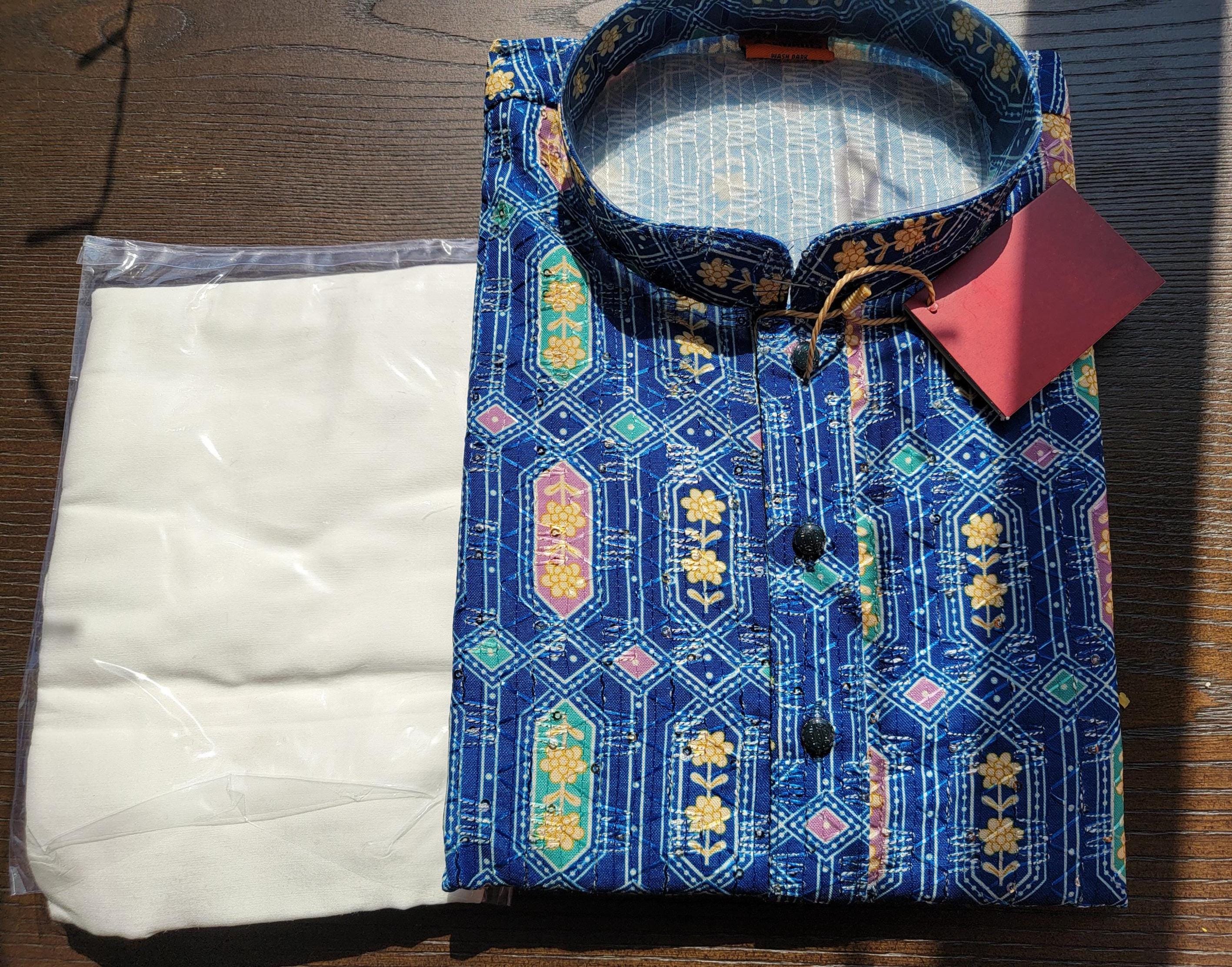 Cotton Kantha work Kurta Pyjama for Boys - Diwali and Traditional Wear|Eid Wear|Chudidaar Pyjama for festivals| Comfort ethnic wear Chudidar